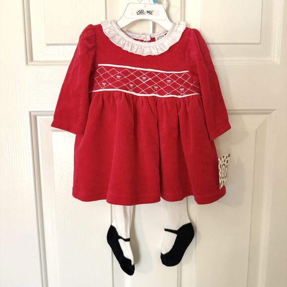 Little Me Baby Girls Christmas Outfit Size 6 Months Red Dress White Tights - Picture 1 of 6